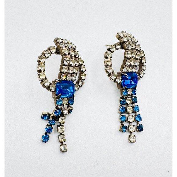 Vintage Art Deco Blue And Clear Prong Set Rhinestone Post Earrings - Picture 3 of 5